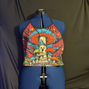 Source Unknown Black Halter Crop Top with Neon Mushroom Print